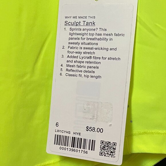 Lululemon | Electric Lemon Sculpt Tank Top NWT - Picture 7 of 7